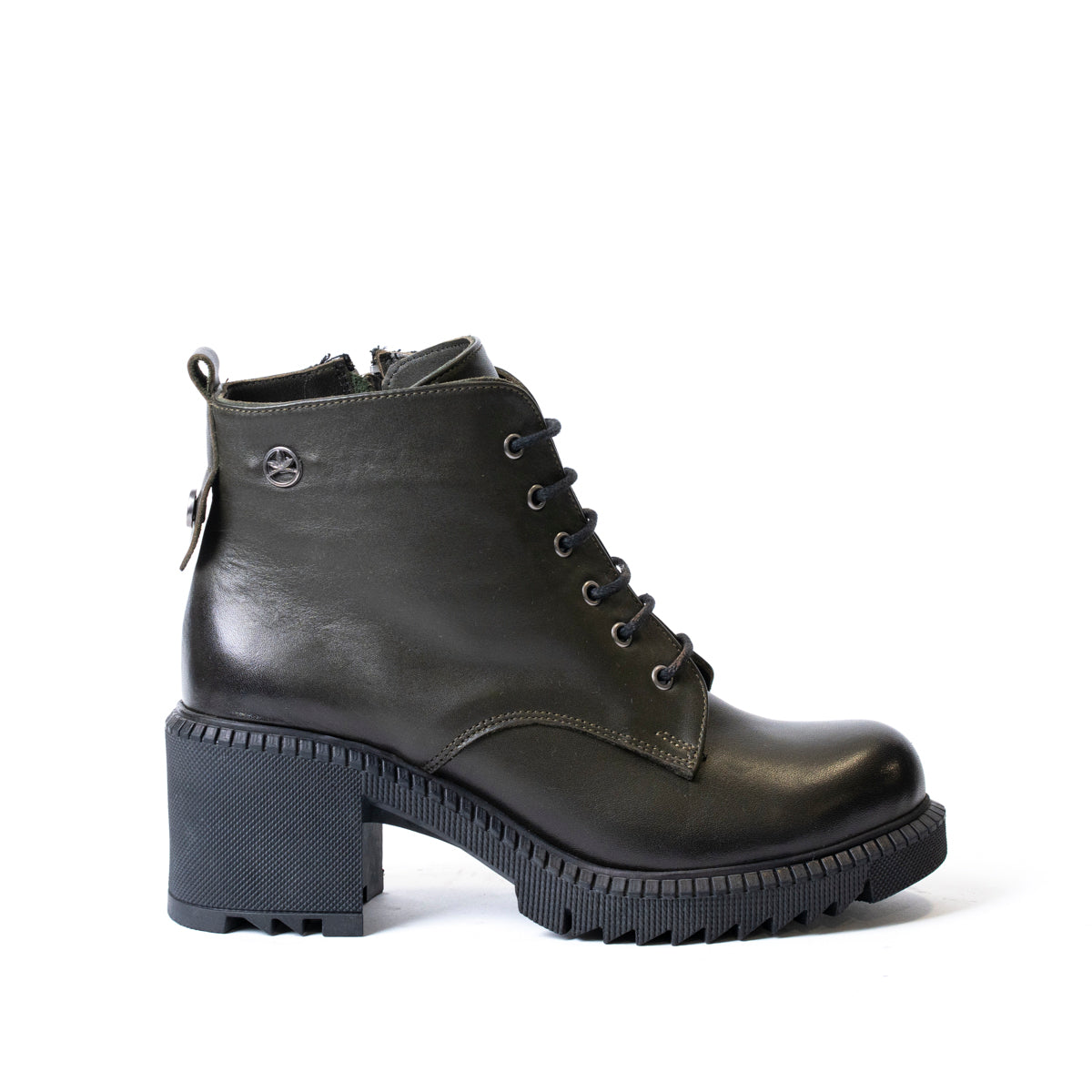 Дамски боти от естествена кожа с дебел ток в маслено зелено