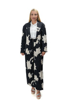 Black satin women’s set with oversized blazer and elastic wide-leg Aladdin trousers, beige flowers – LUXU 7071