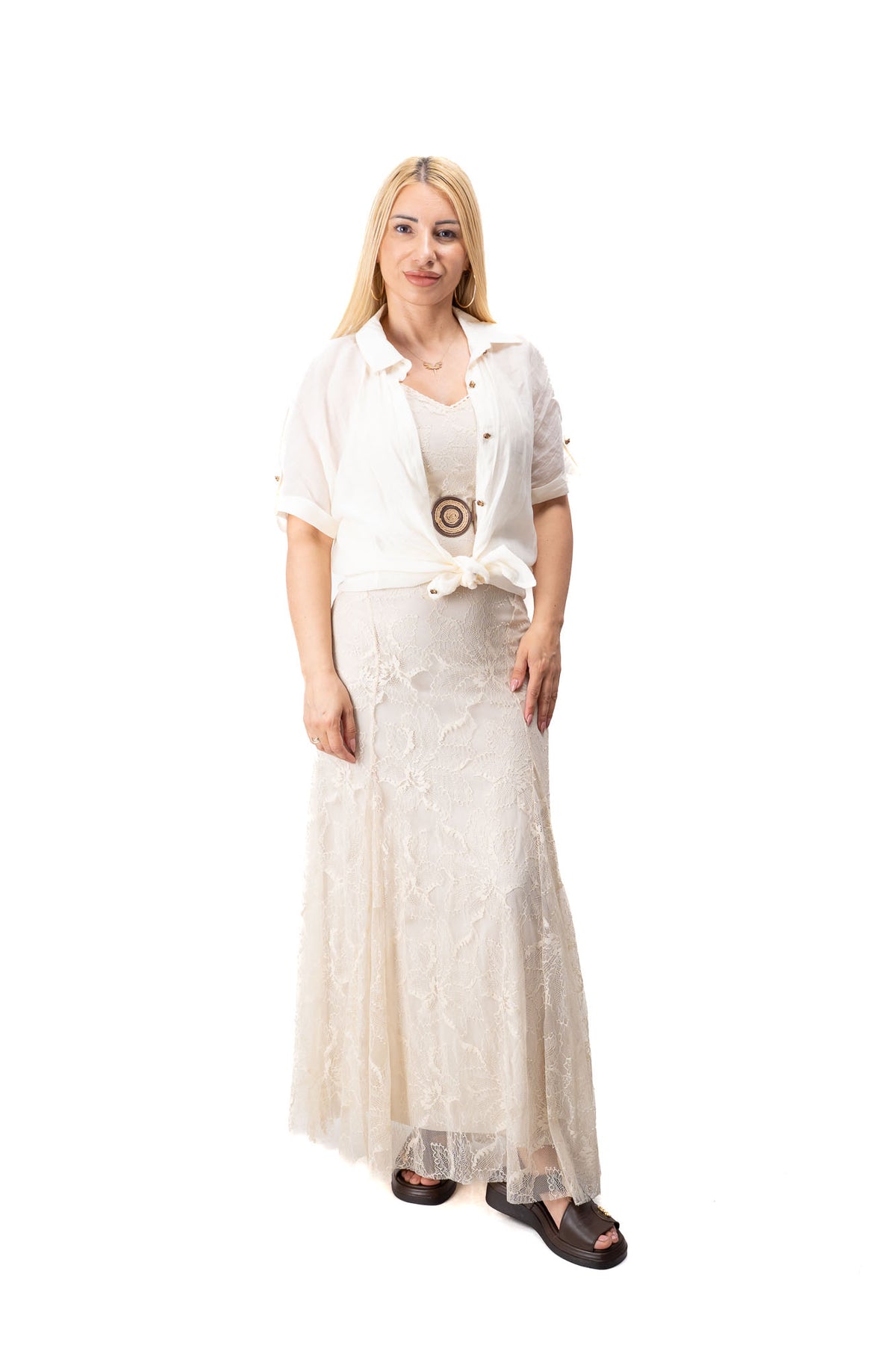 women two piece lace dress with lightweight overshirt