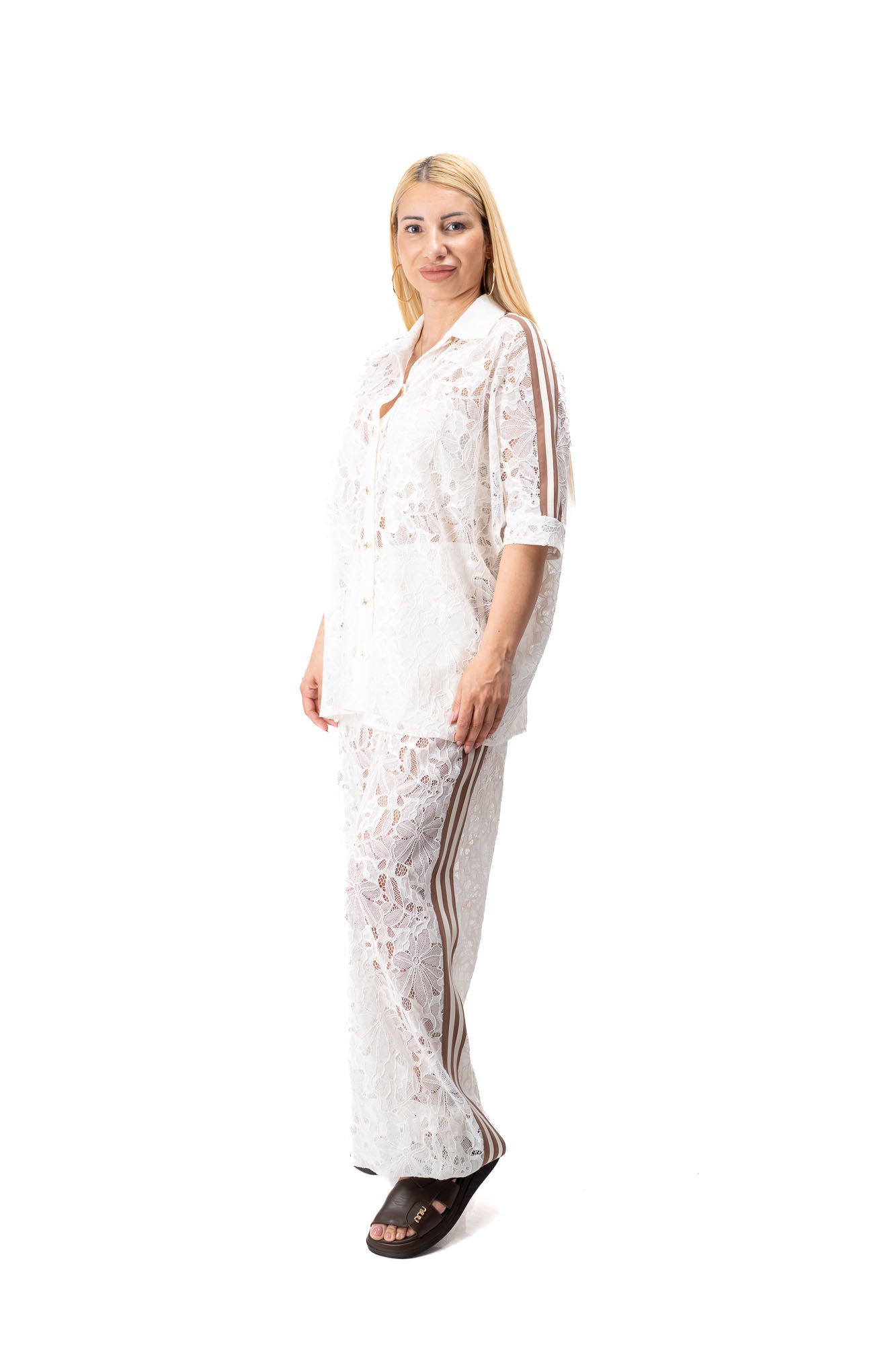 ecru lace women set brown details casual elegant outfit