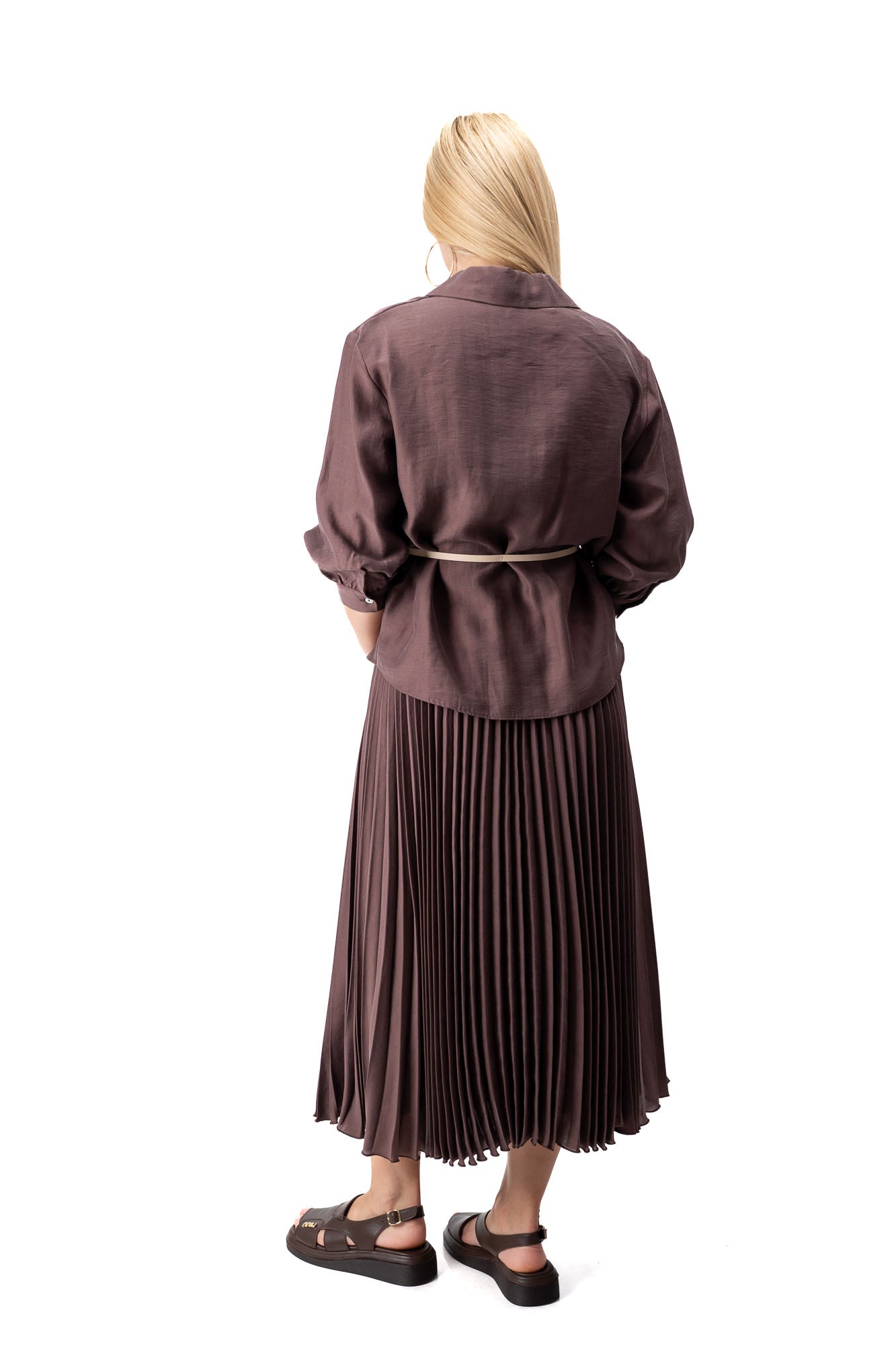 dark brown pleated skirt and shirt women elegant set