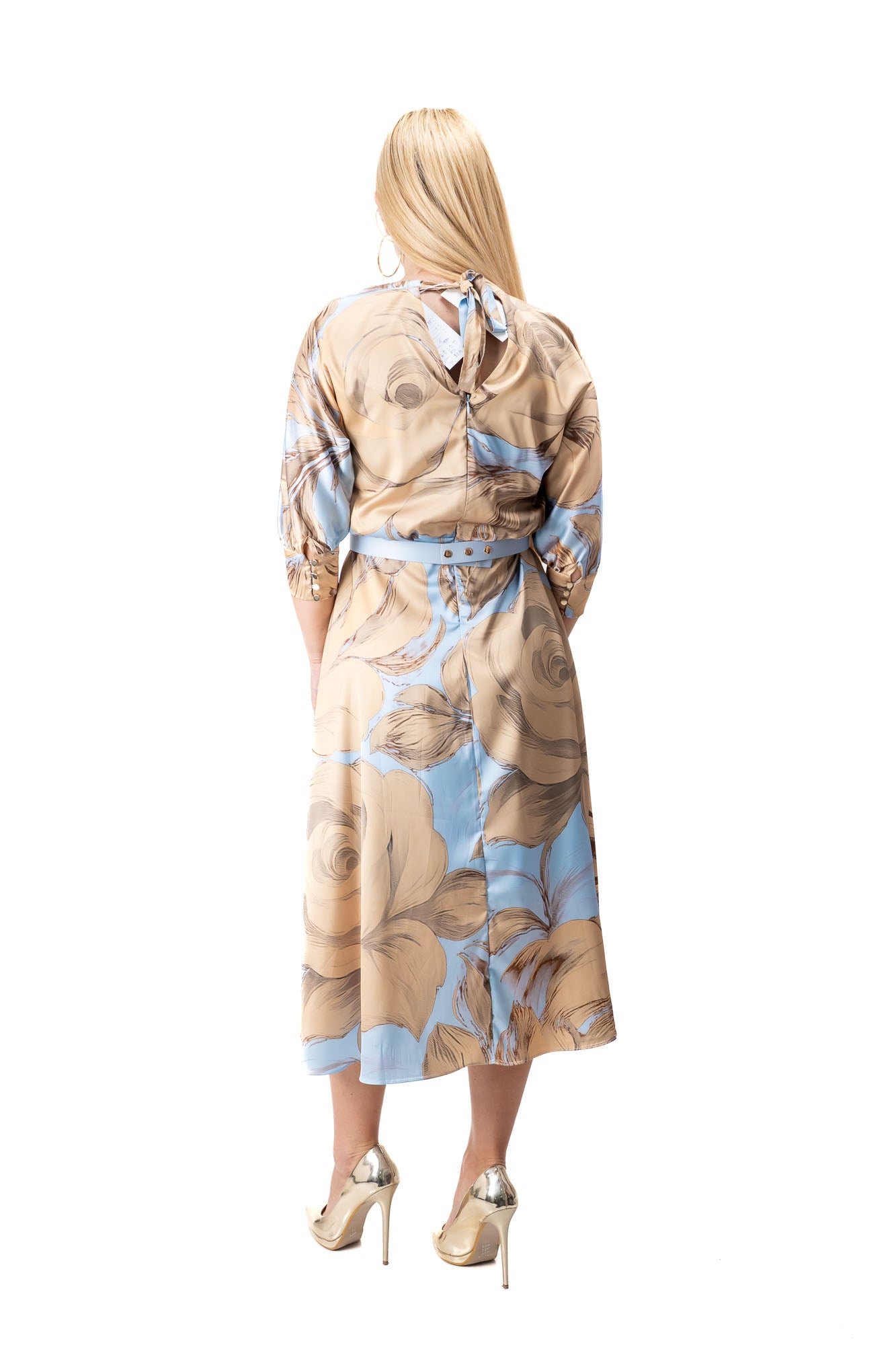 blue yellow satin women dress floral elegant style