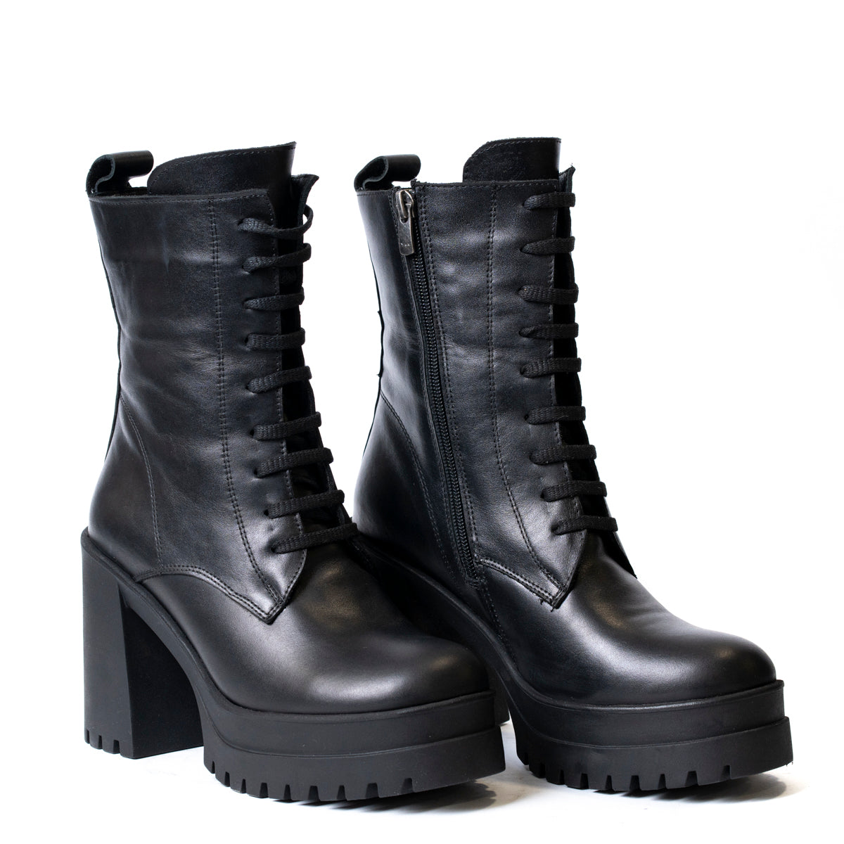 Дамски боти на платформа с дебел ток и връзки – страничен изглед черни