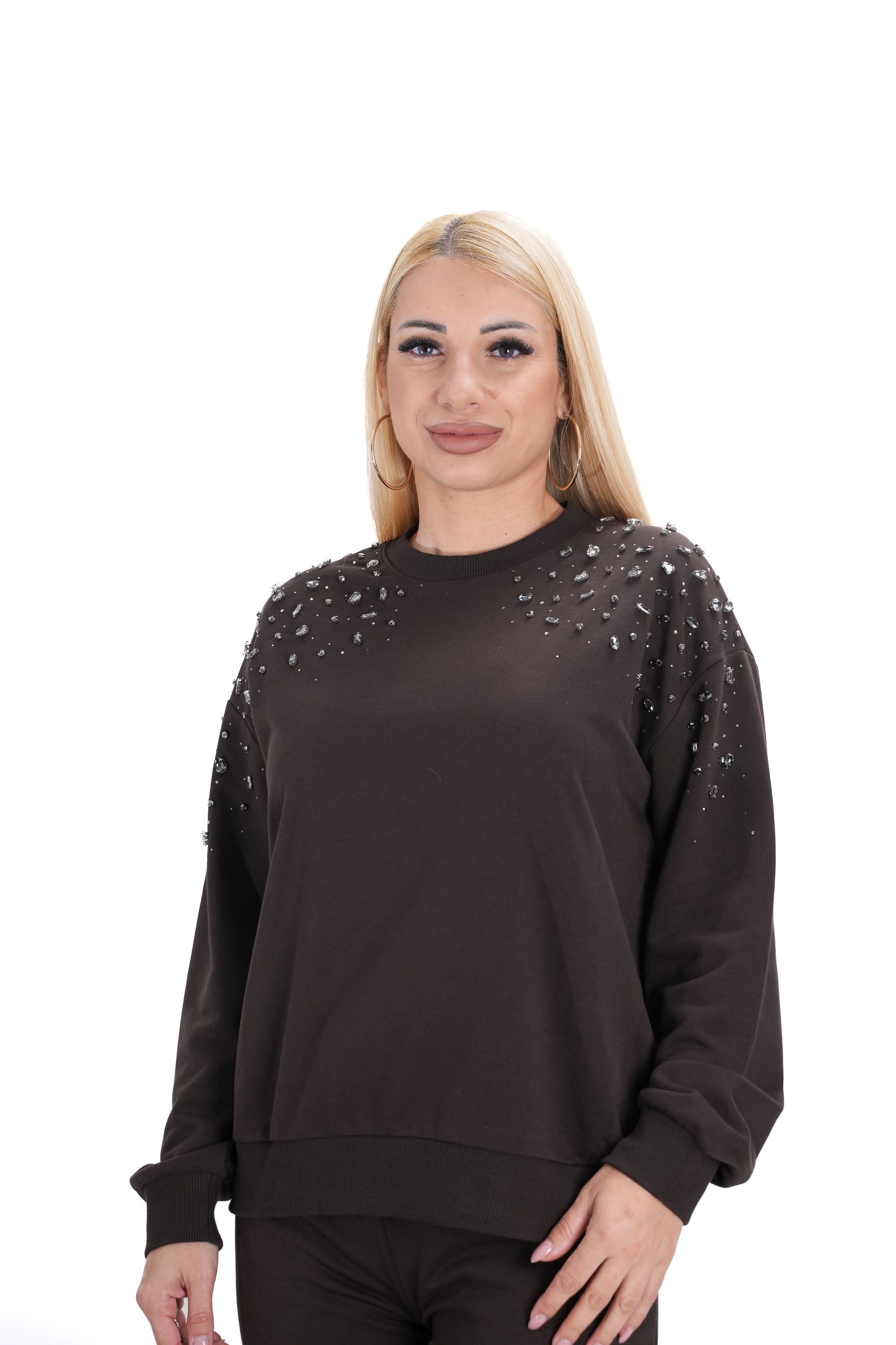 Дамски спортно-елегантен комплект – модел J0282, тъмно кафяв