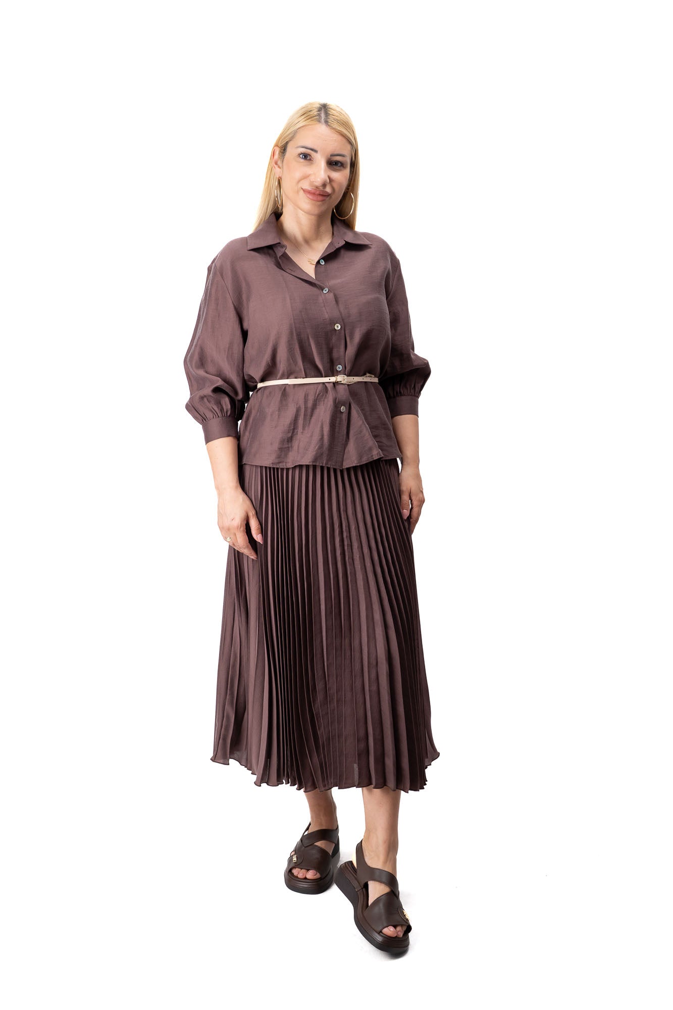 women elegant two piece outfit pleated skirt brown