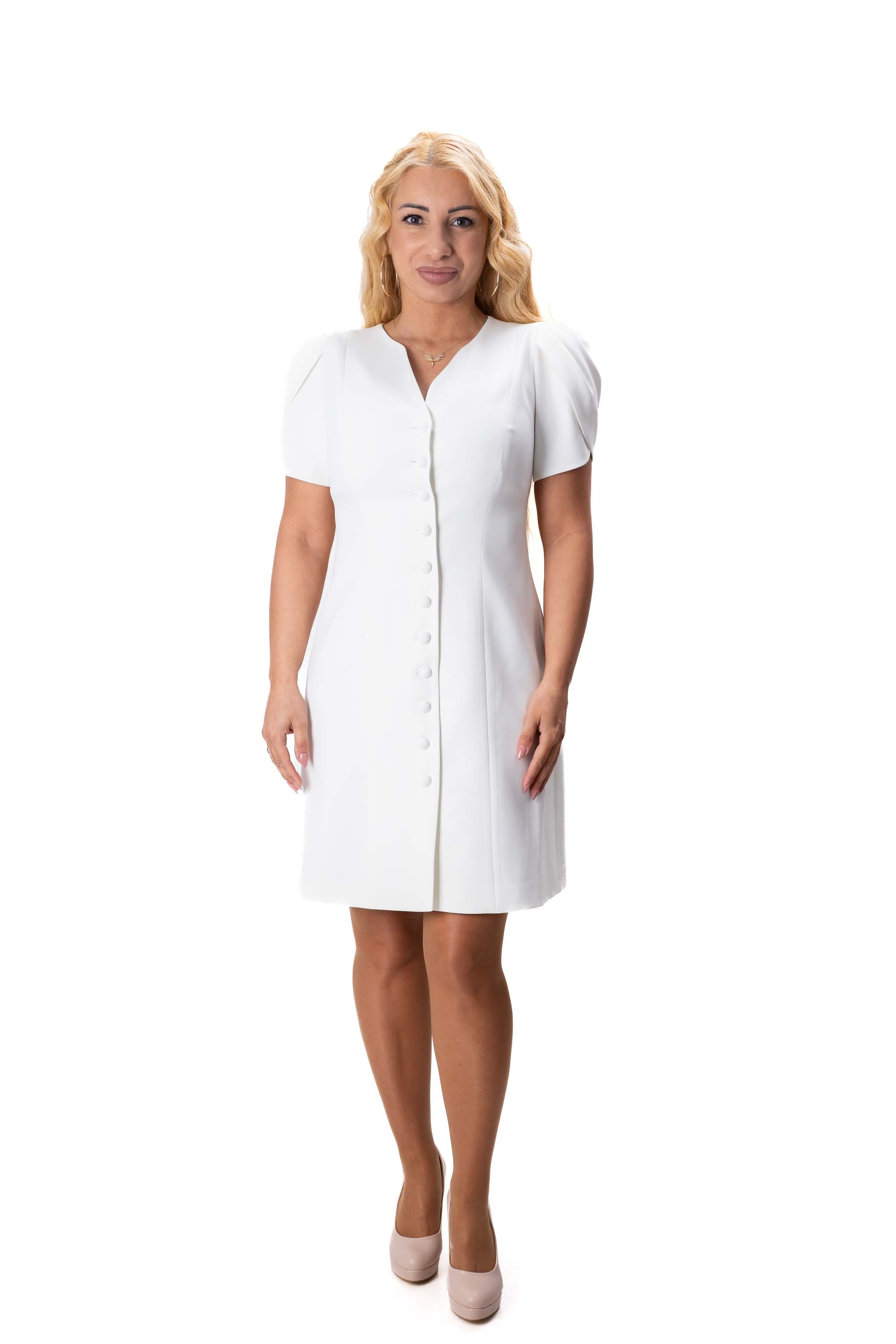 дамска къса рокля с копчета отпред и буфан ръкави тип лале