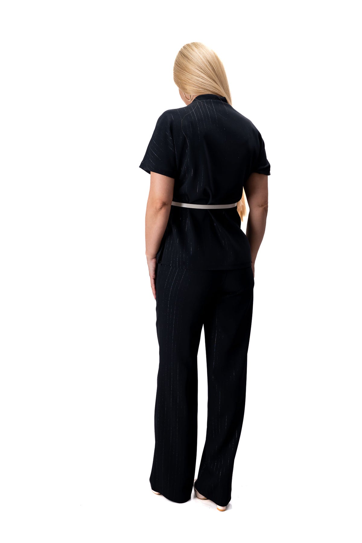 women black two piece set striped wide leg pants off shoulder shirt