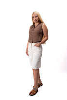 Brown women’s two piece set with beige denim bermuda shorts and vest 25 S 4005