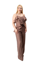 women two piece brown set pants camisole chiffon overlay elegant