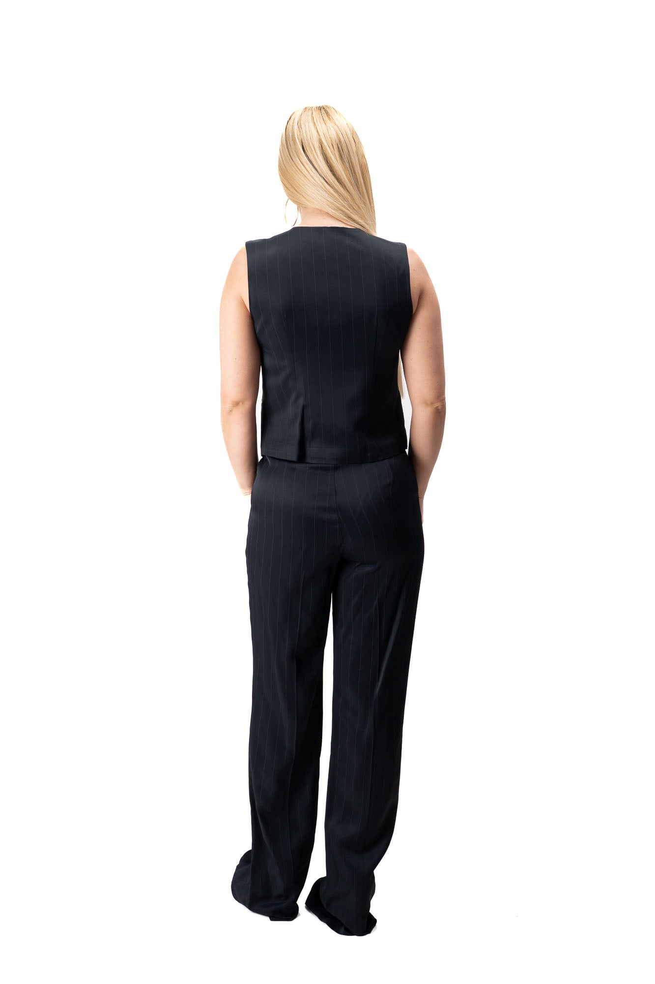 women two piece suit with cropped vest and wide leg striped black trousers 21242220