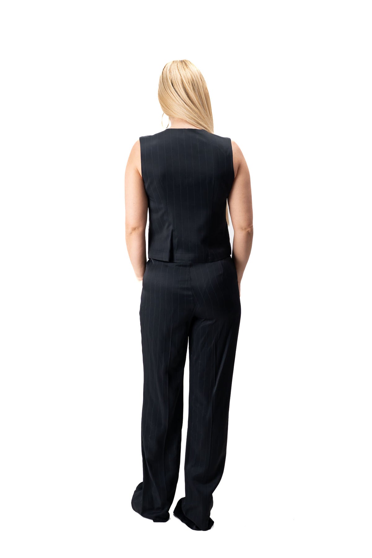 women two piece suit with cropped vest and wide leg striped black trousers 21242220