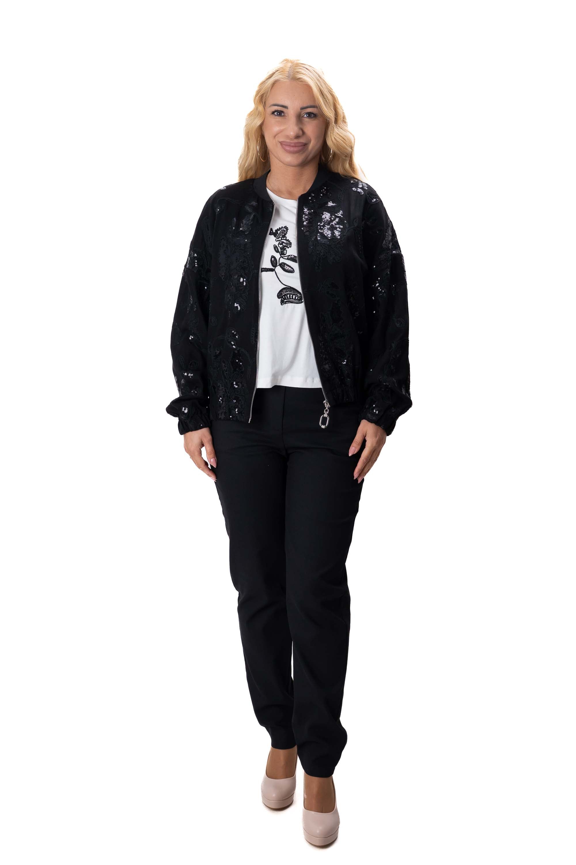 ленен дамски комплект с прав панталон суитшърт с пайети и бяла тениска