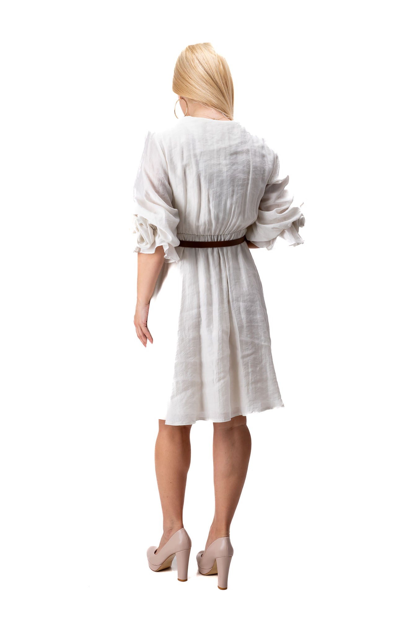 ecru beige elegant dress women floral sleeve detail