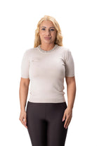 дамска блуза фино плетиво бежова с кристали около врата малки и големи номера батал 