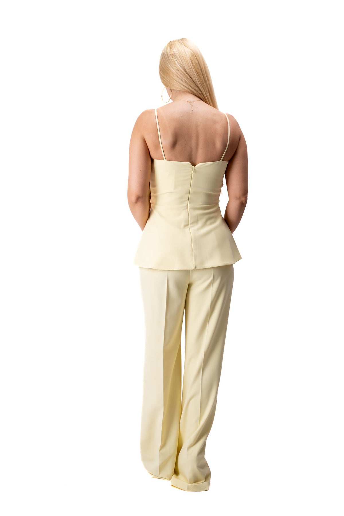 women yellow two piece formal set wide leg pants top