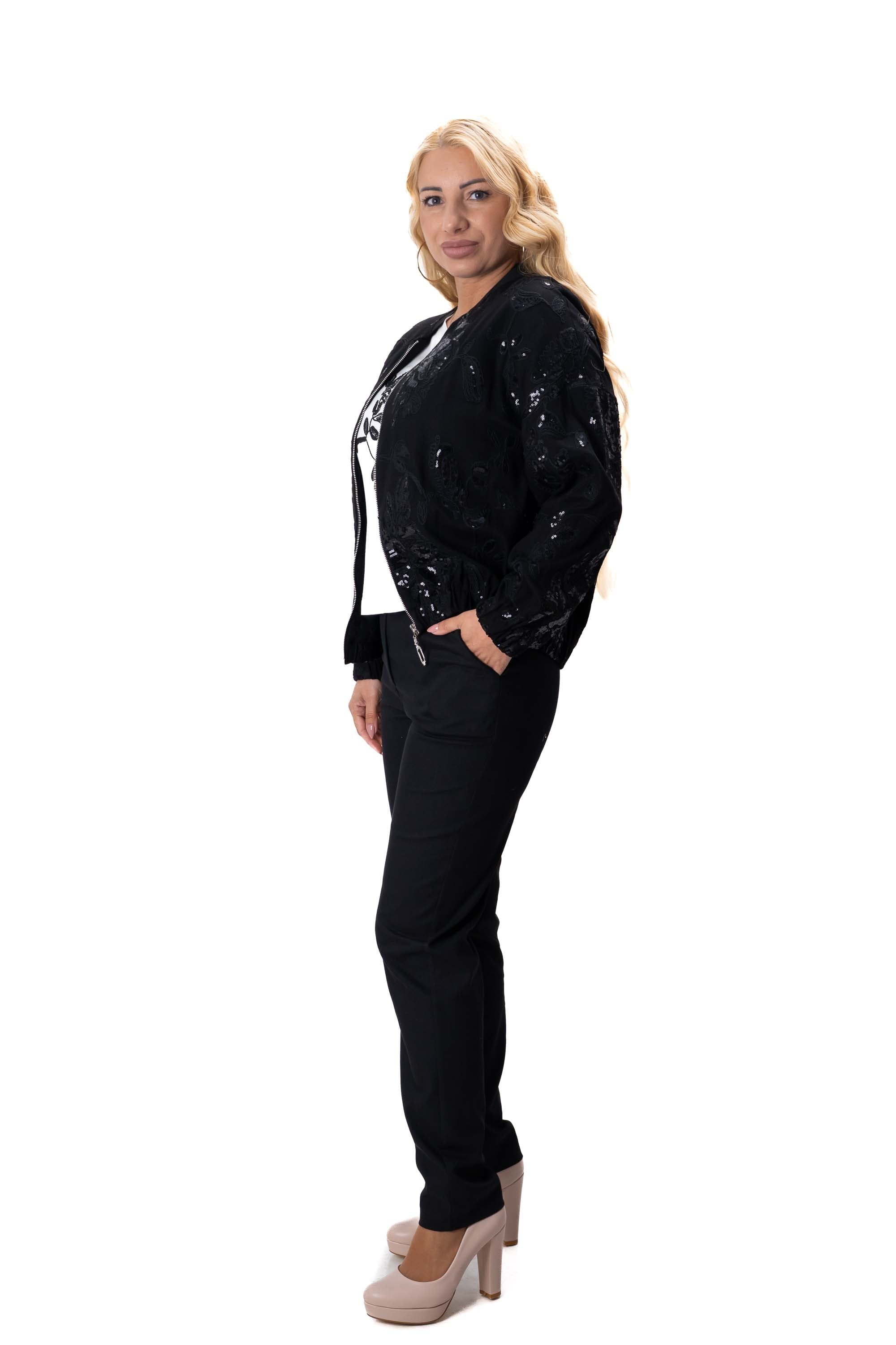 черен ленен дамски комплект с пайети и прав панталон