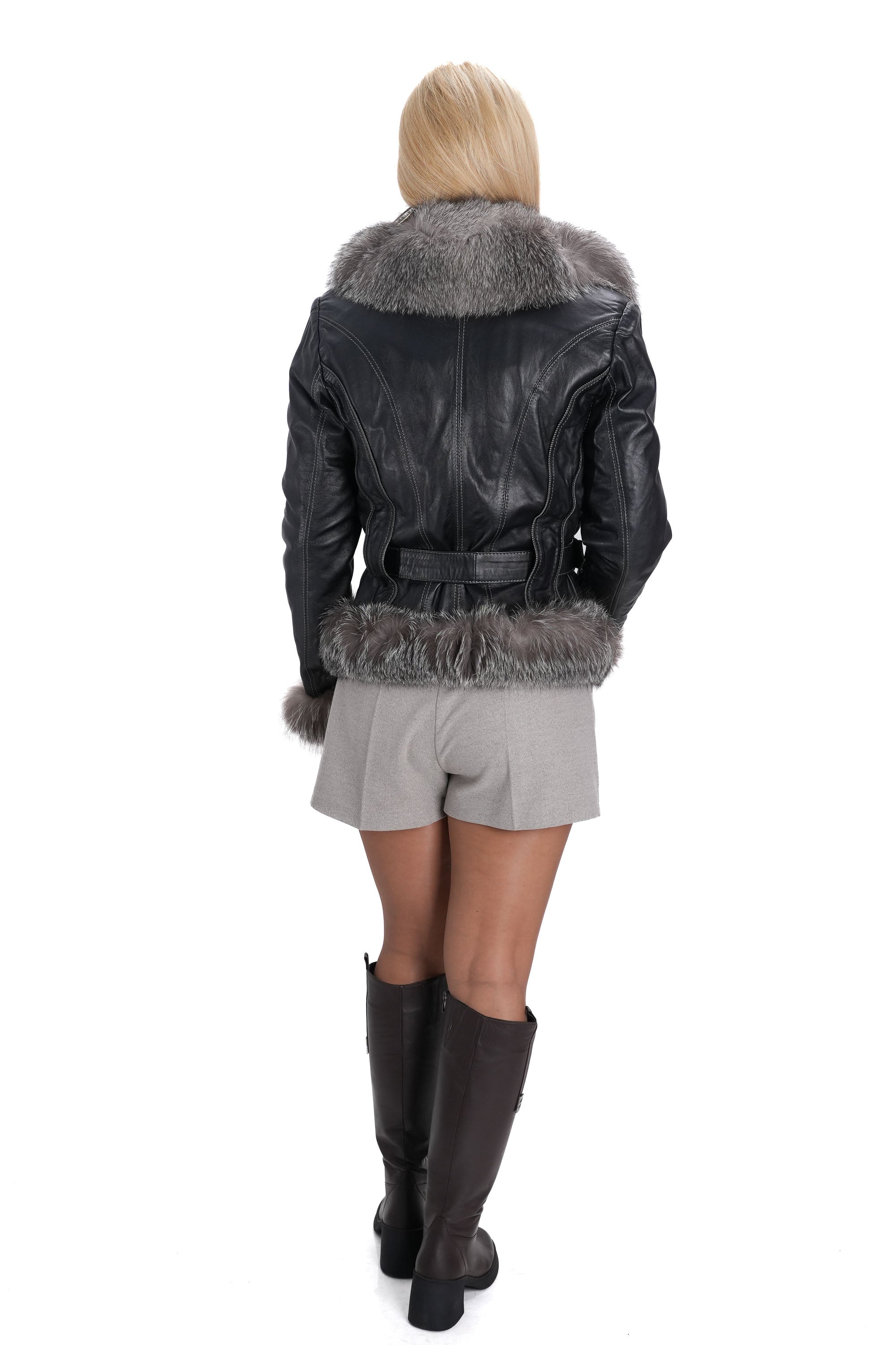 Модерно дамско кожено яке с топла и богата яка