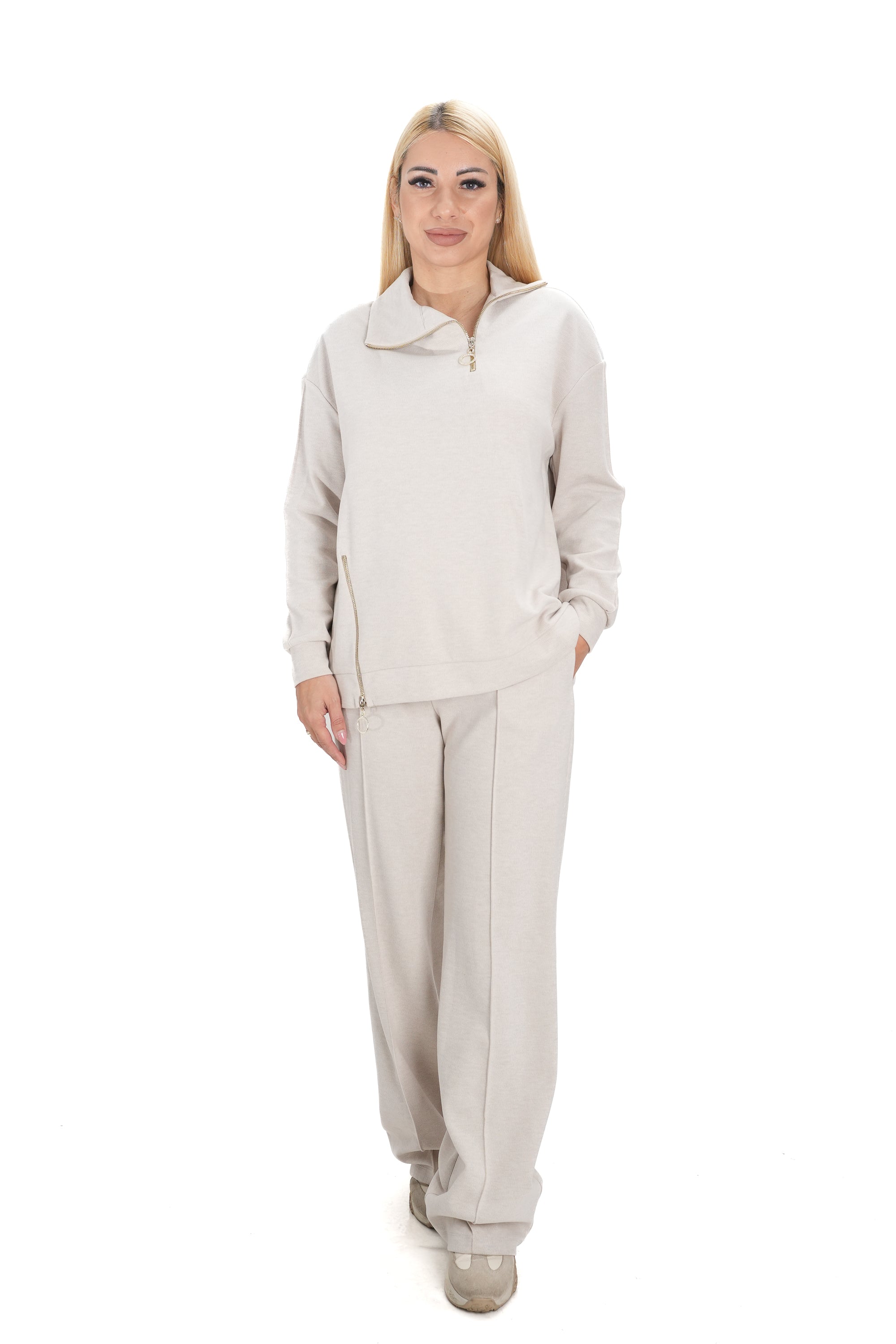 Дамски комплект 2 части – широк панталон и блуза с цип на яката, бежов меланж RP1639