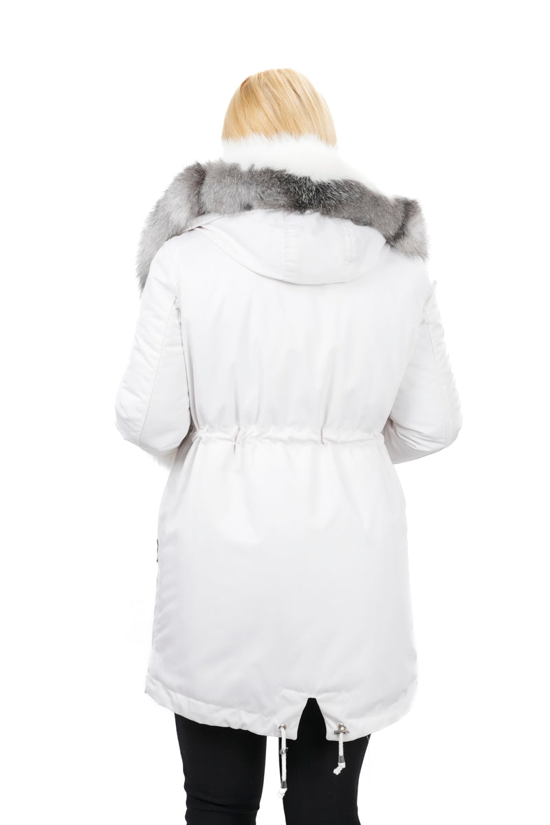 Топло дамско парка яке с яка от сиво и бяло естествено косъм