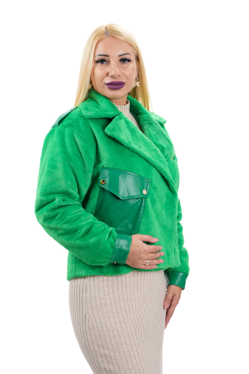 Модерно дамско късо пухено яке с кожен джоб 5020