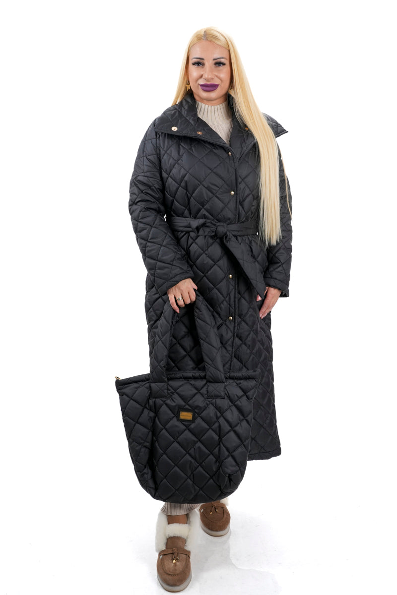 Дамско дълго яке палто в черно от шушляк с подарък дамска чанта 6170