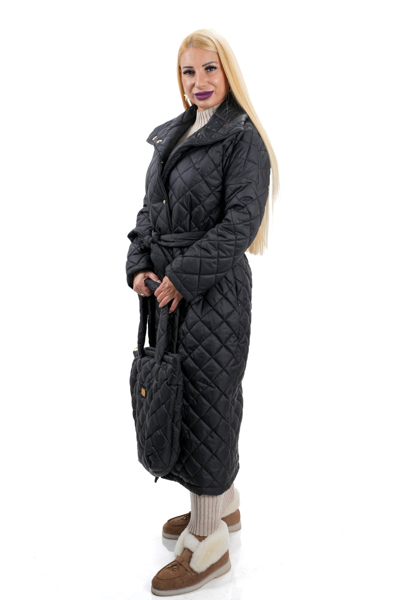 Дамско дълго яке палто в черен цвят с джобове и подарък дамска чанта