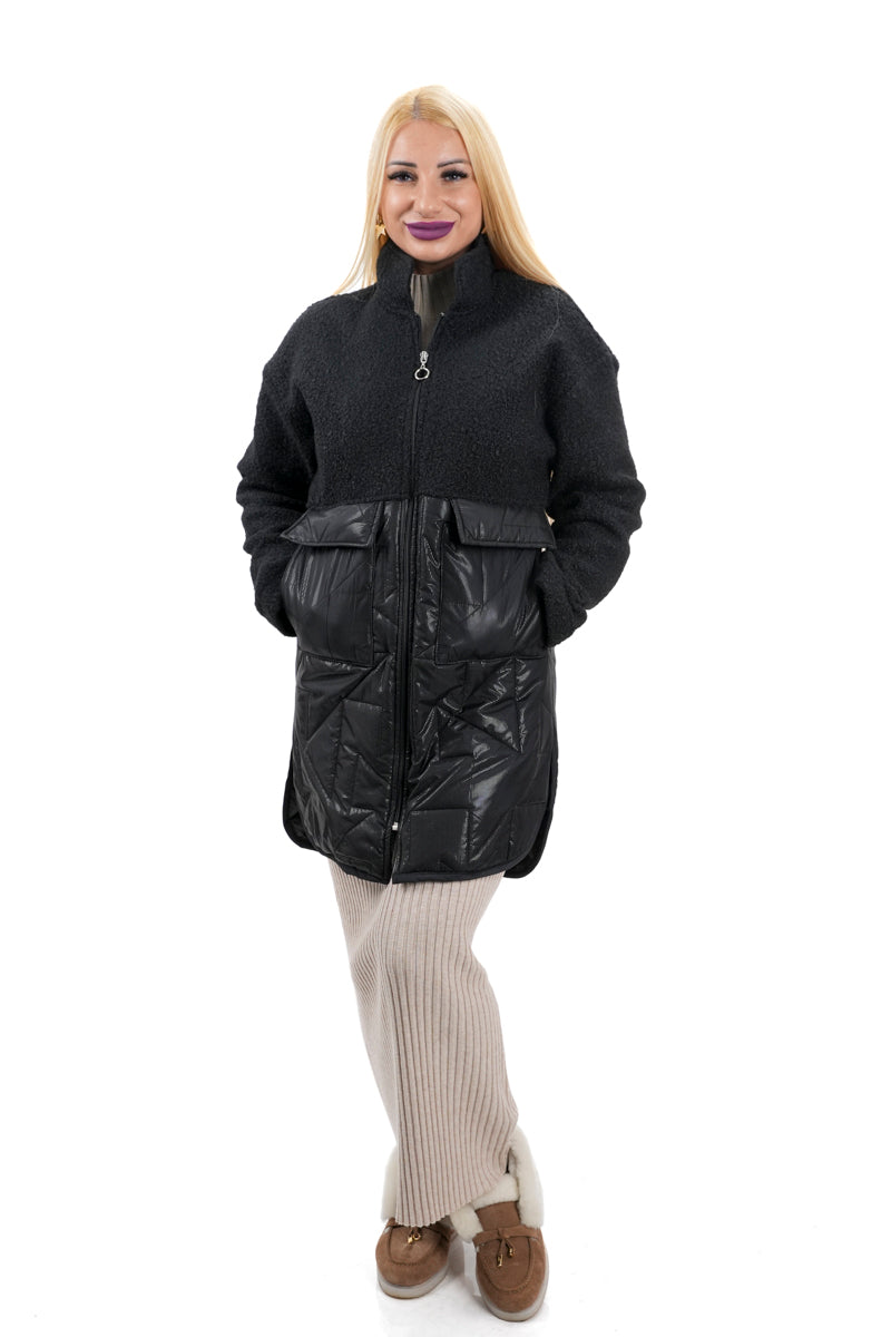 Дамско дълго пухено яке с шушляк и висока яка в черно 19959057