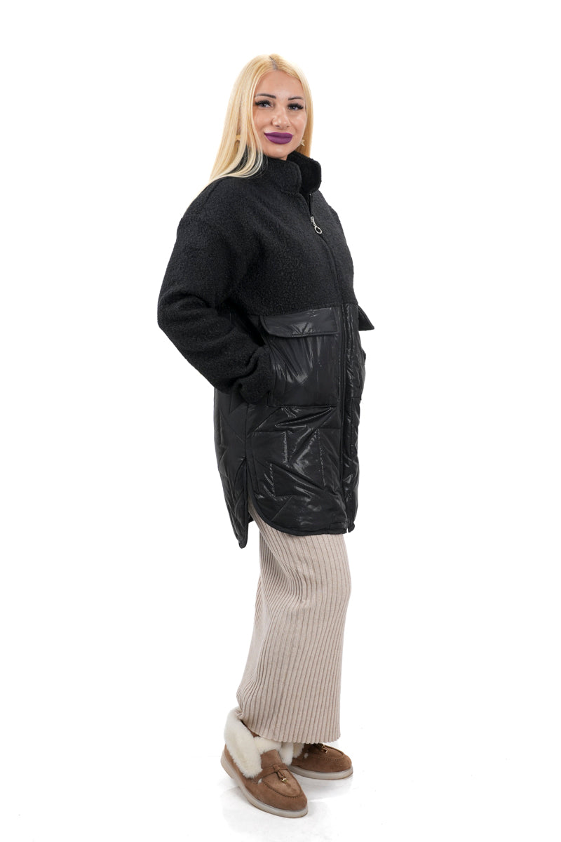 Черно дамско дълго пухено яке с шушляк и висока яка