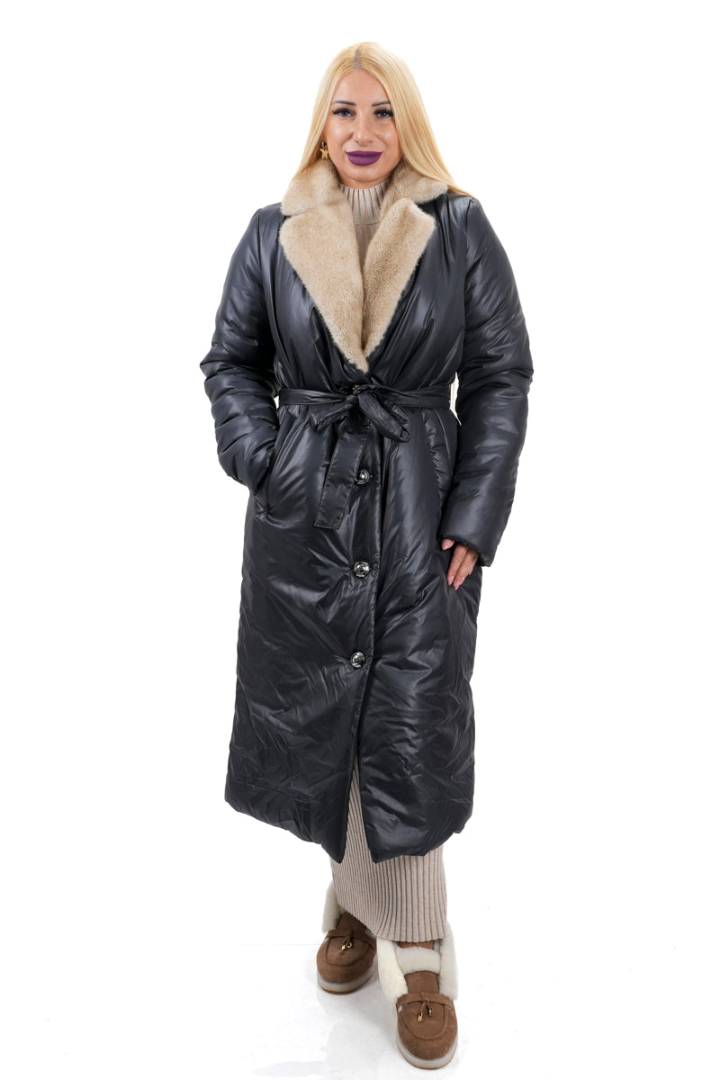 Дамско дълго яке от шушляк в черно с пухена яка в бежово 3001 Big Size