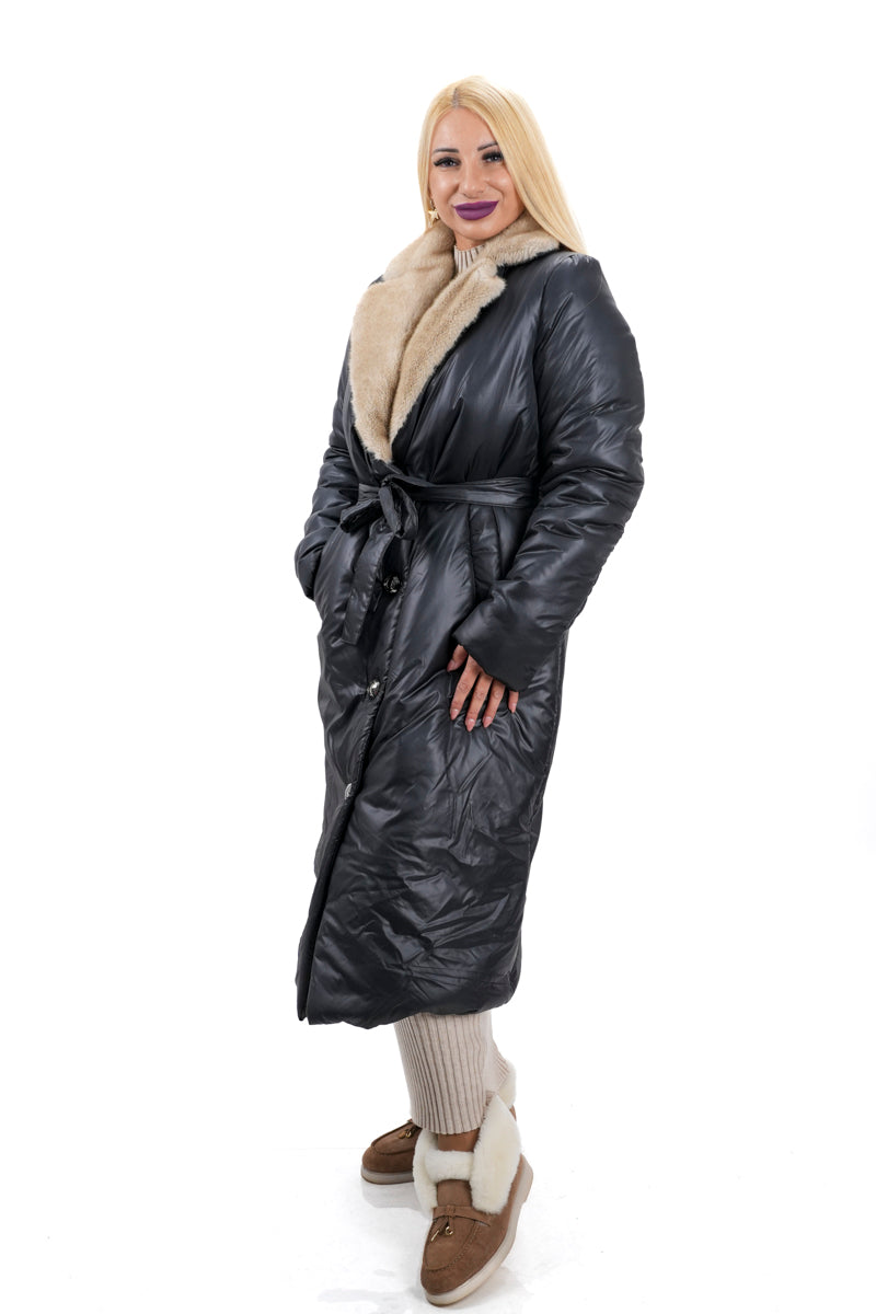 Дамско черно пухено яке с шушляк и бежова яка за големи размери
