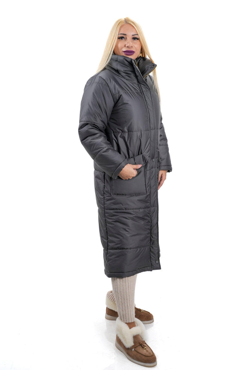 Тъмно сиво дамско дълго зимно яке с голяма яка и джобове