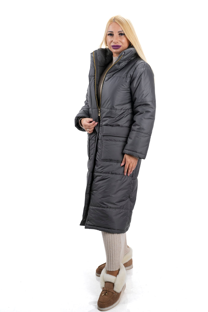 Елегантно дамско дълго зимно яке с джобове и топла яка