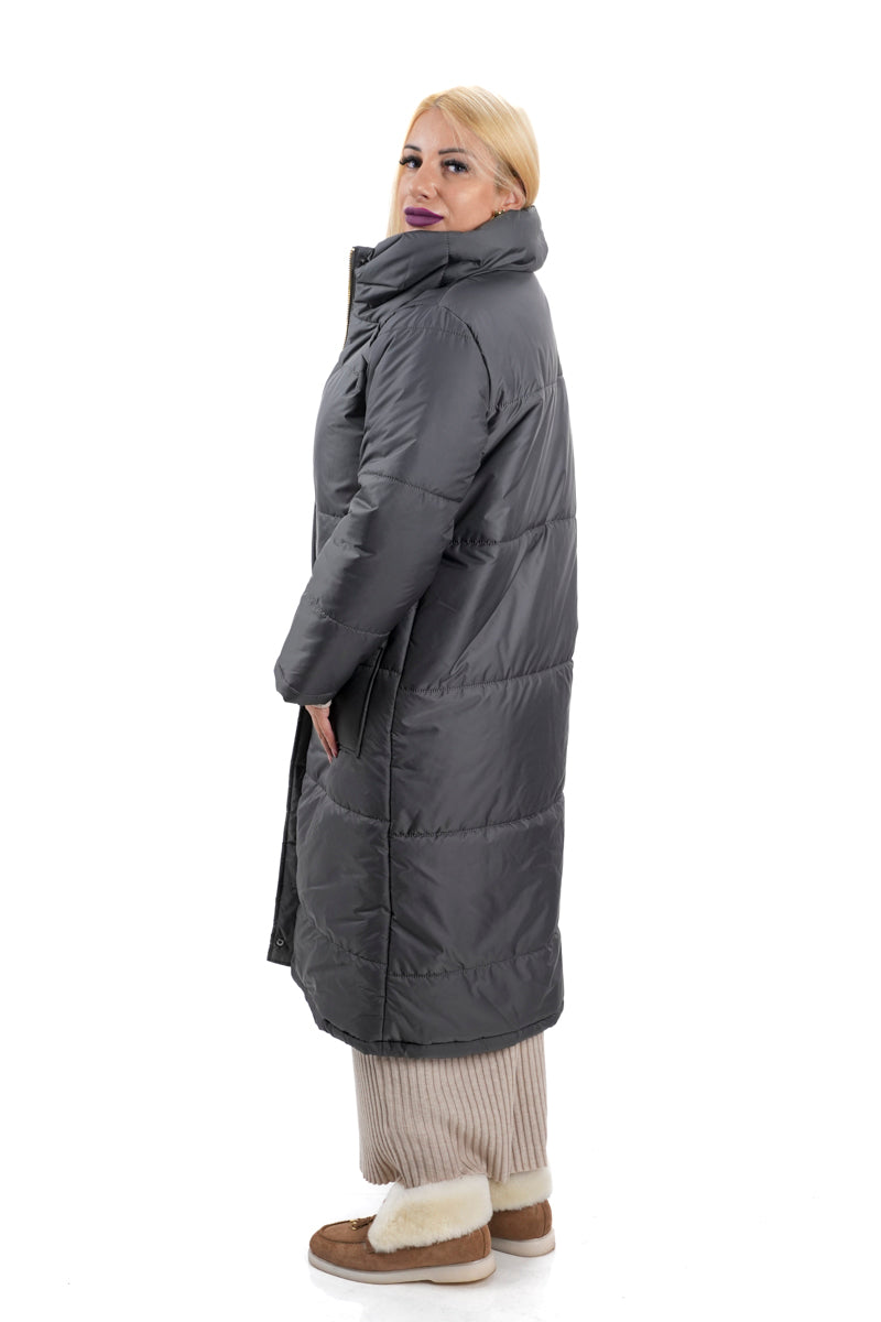 Дамско зимно дълго яке от шушляк с предни джобове и голяма яка