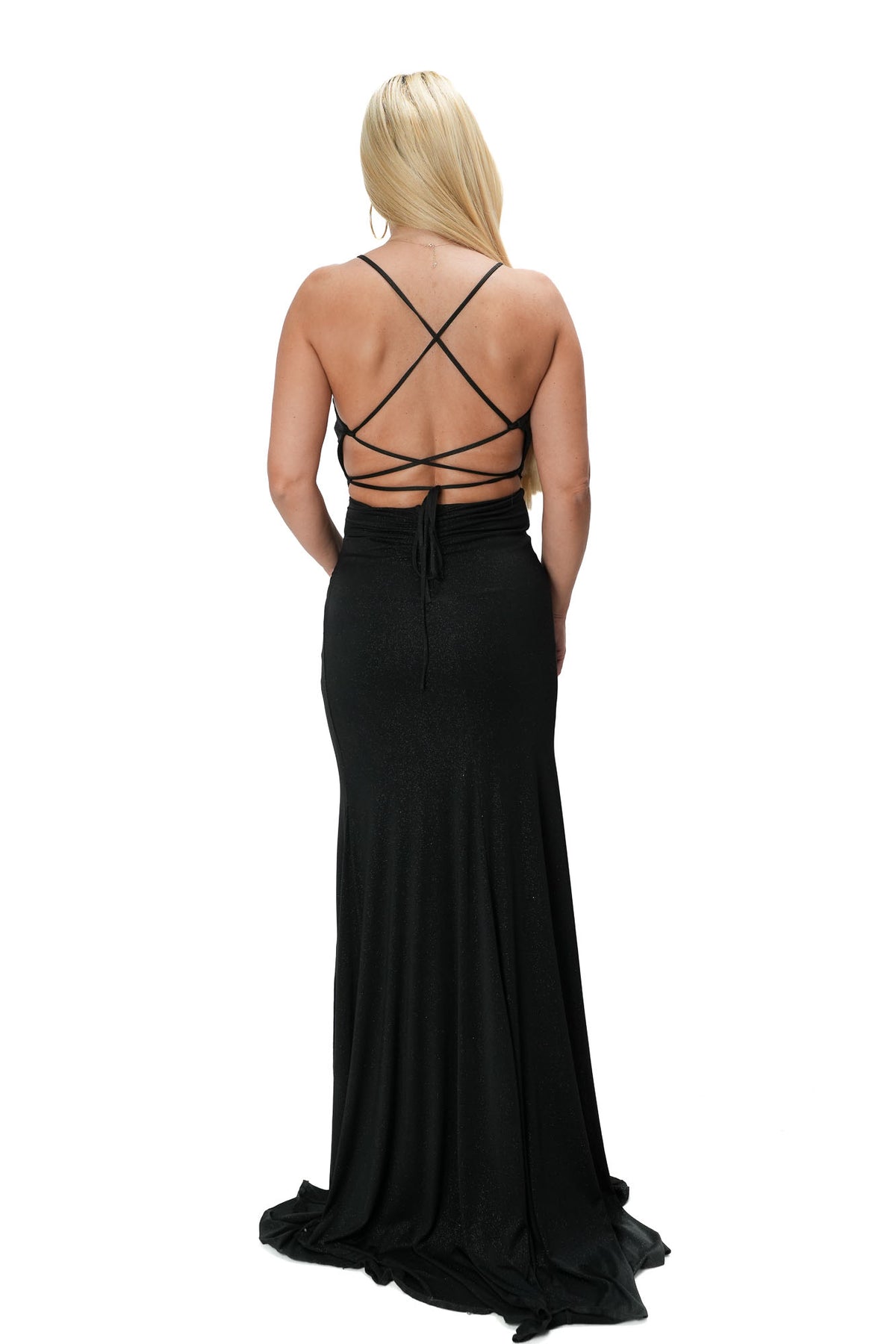 Long black fitted evening dress with subtle glitter and lace-up open back model 7147
