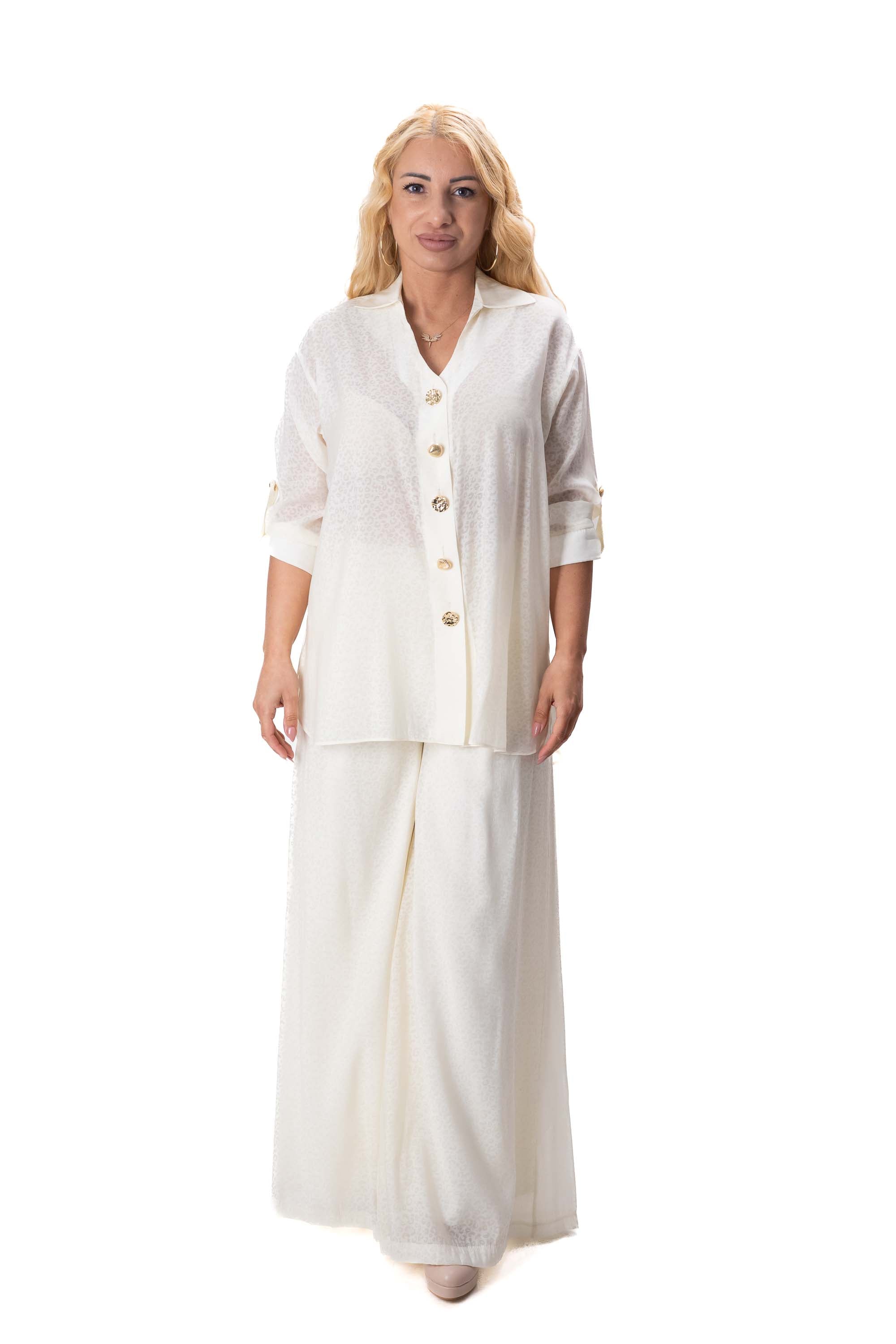 летен дамски комплект екрю с широк панталон и свободна риза LUXU