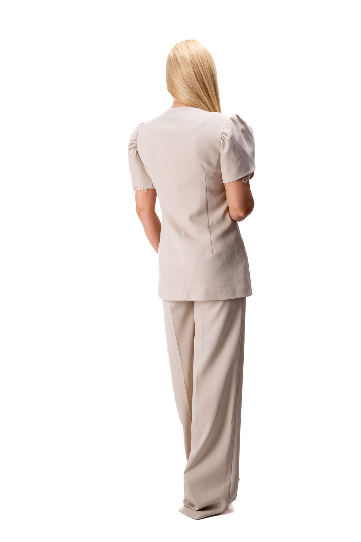women two piece beige suit with short sleeves and lace detail GC8385