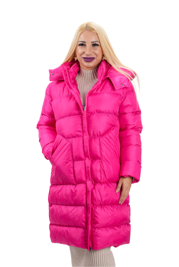 Цикламено дамско зимно дълго яке с качулка