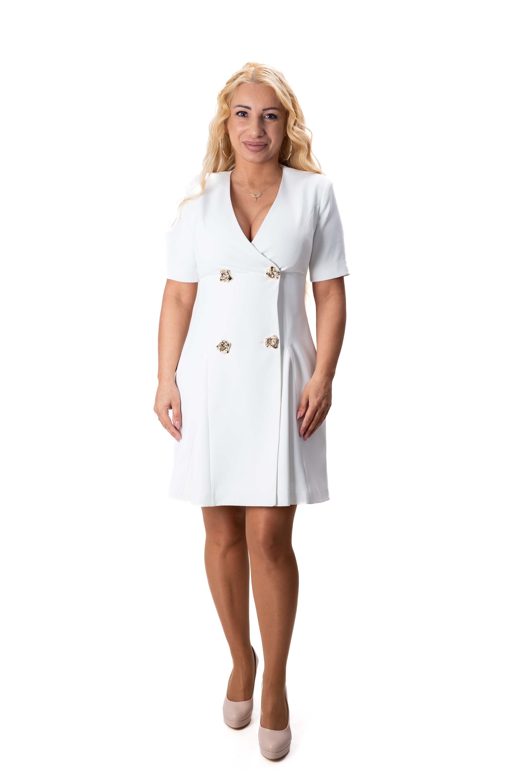 дамска бяла рокля тип блейзър със златни копчета