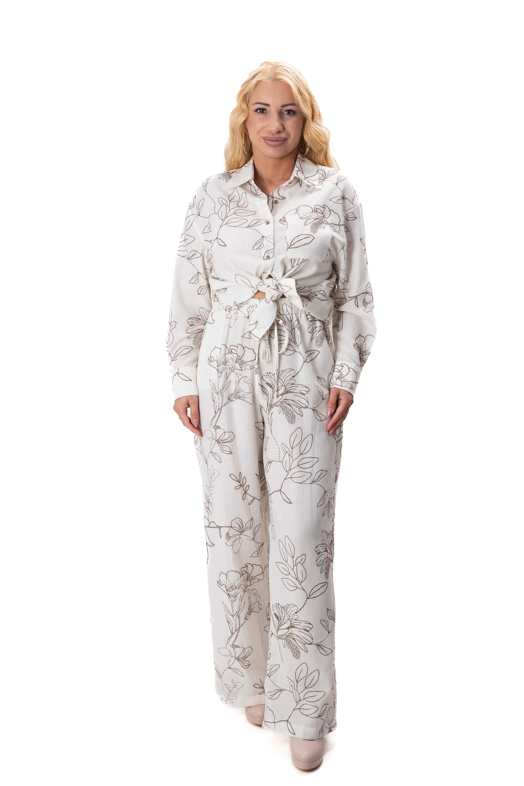 дамски бежов комплект с широк панталон и риза