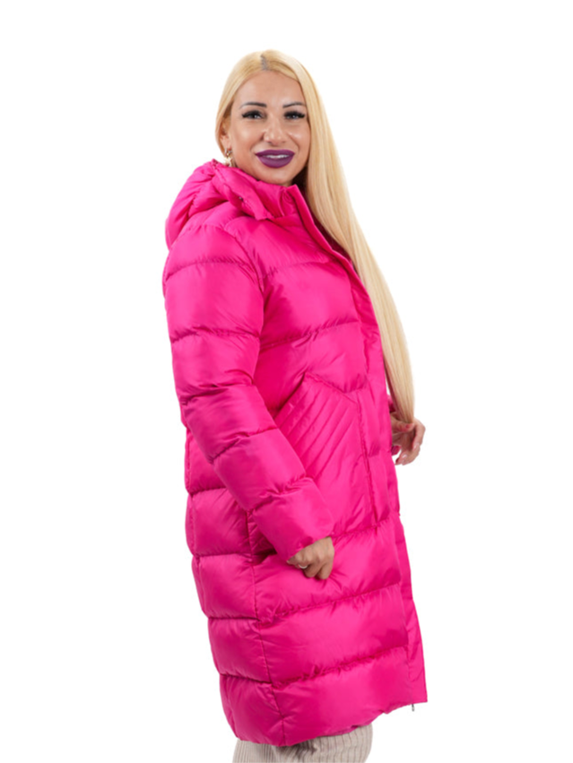 Елегантно дамско дълго зимно яке с качулка от шушляк